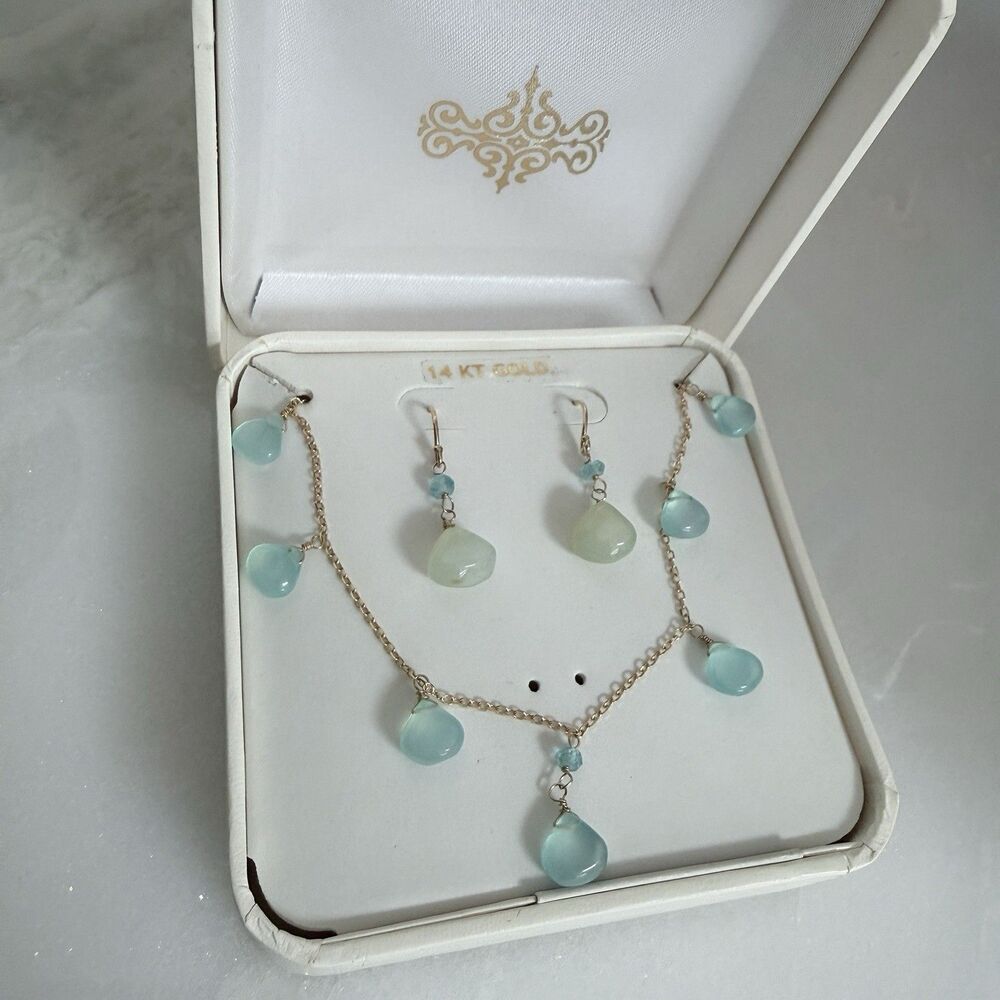 NEW Jewelmak 14K Gold Seafoam Chalcedony Necklace Earring Set Vintage Boho - Picture 3 of 15